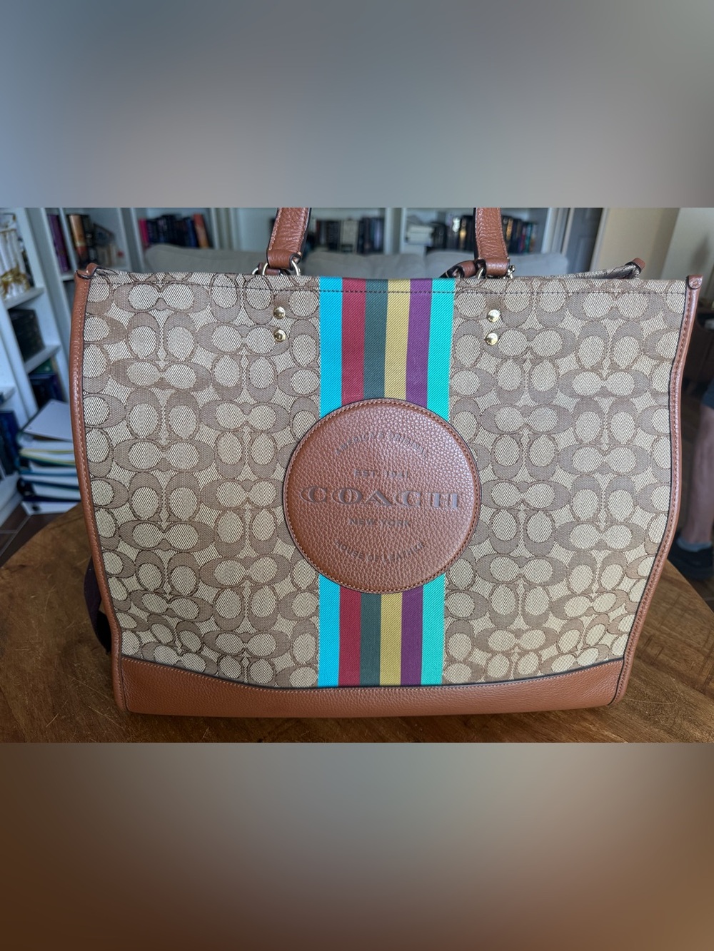 Coach Dempsey Tote 40 Signature Jacquard Stripe Cognac Multi